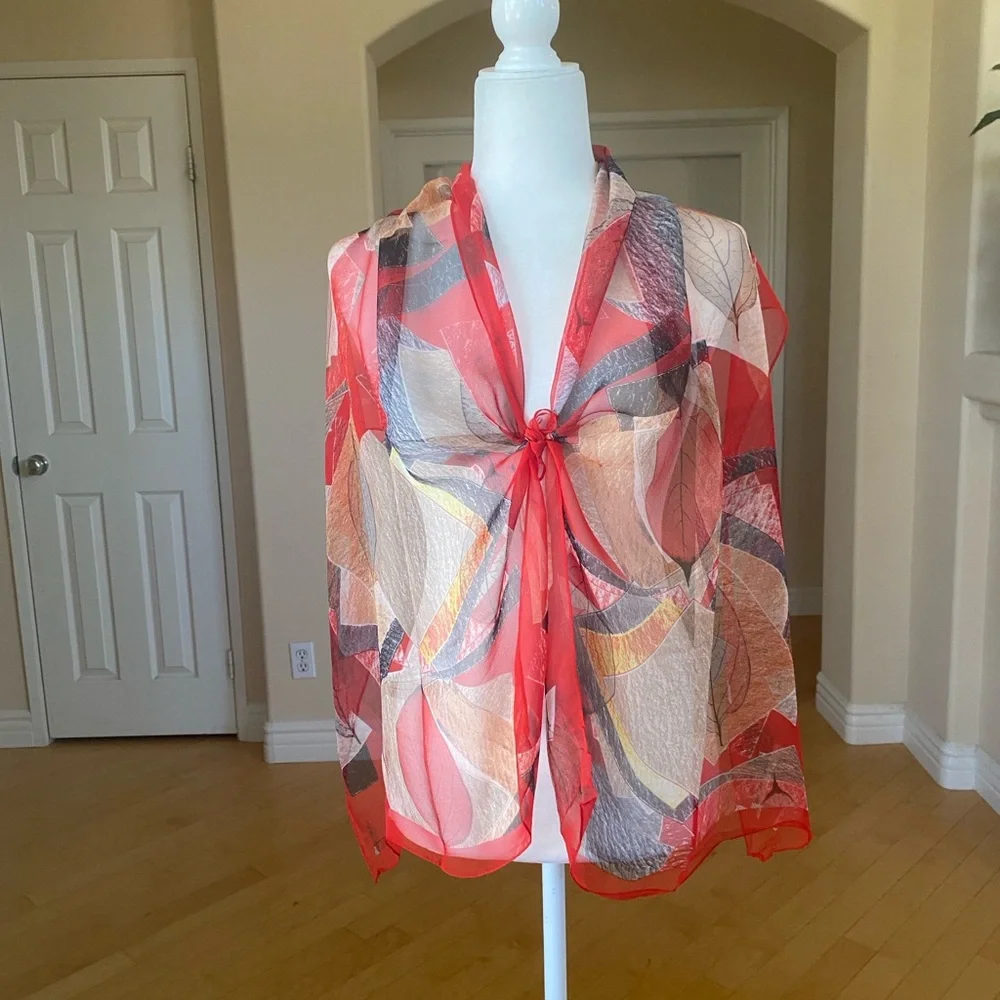Vibrant Red Leaf Patterned Scarf Sarong Wrap